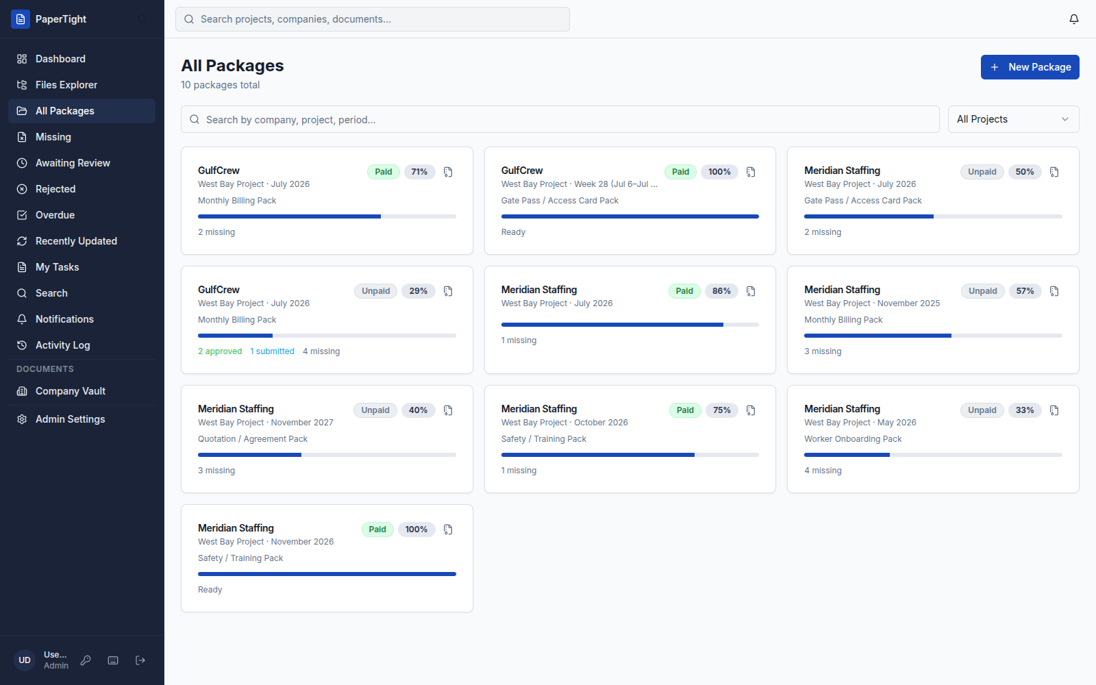 PaperTight All Packages view: monthly billing, gate pass, and safety packs for GulfCrew and Meridian Staffing, each with a readiness bar and a Paid or Unpaid status.